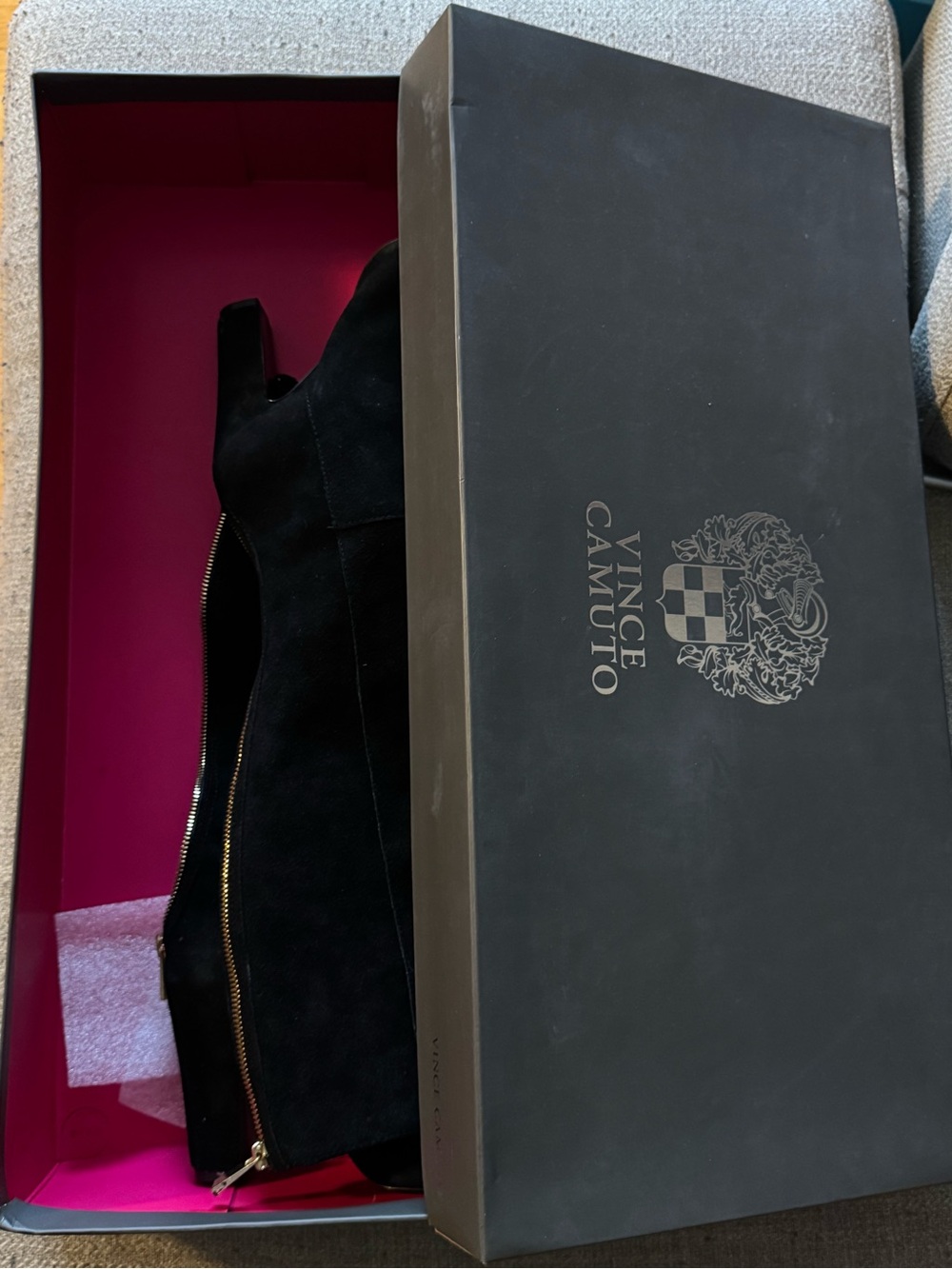 Vince Camuto Black Suede Ankle Booties with Gold Zipper